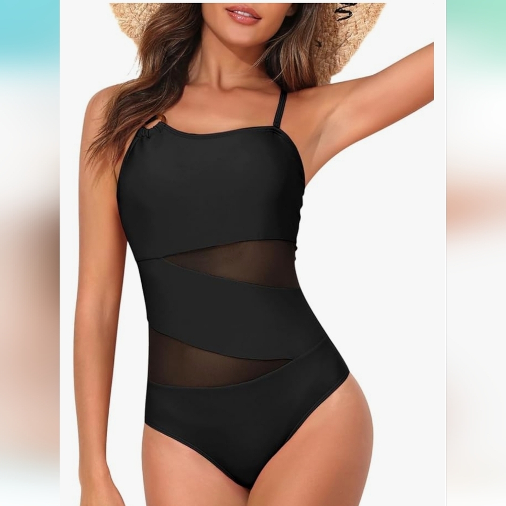Swimsuit Tummy Control One Shoulder‎ Bathing Suits Full Coverage black Sz m
